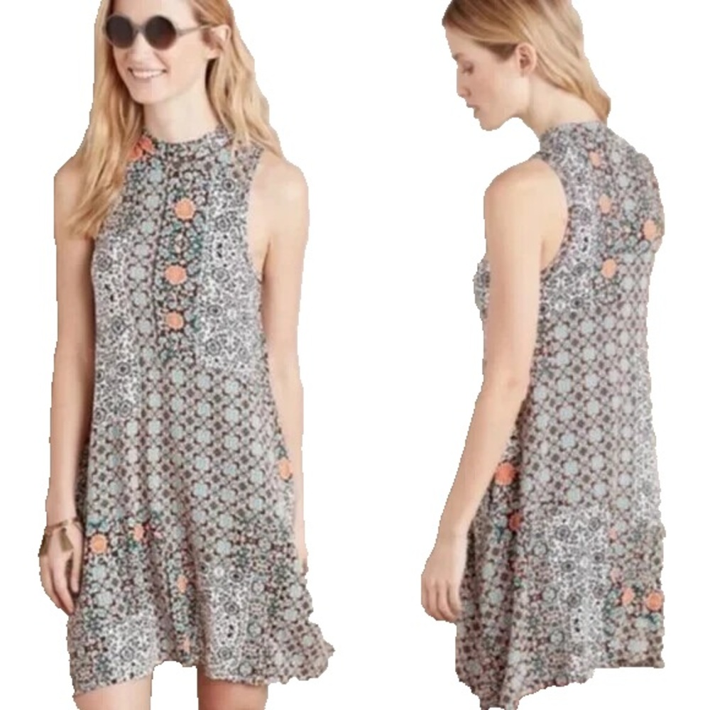 Anthropologie Maeve Floral Lilt Swing Dress Boho High Neck Size Small